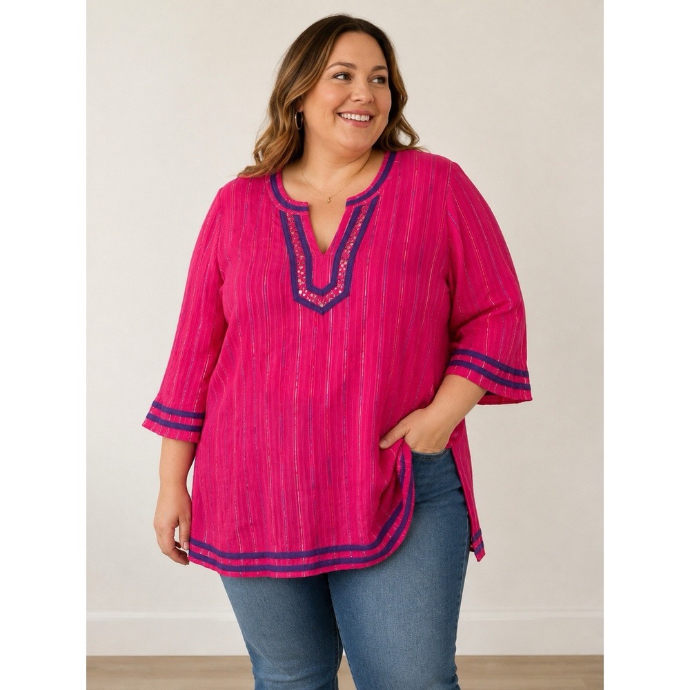 Catherines Women's Pink V Neck 3/4 Sleeve Causal Top Tunic Size 2X